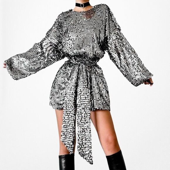Zara Long Sleeve Waist Tie Sequin Gray Silver Mini Tunic Shift Dress Size XS - Picture 1 of 7